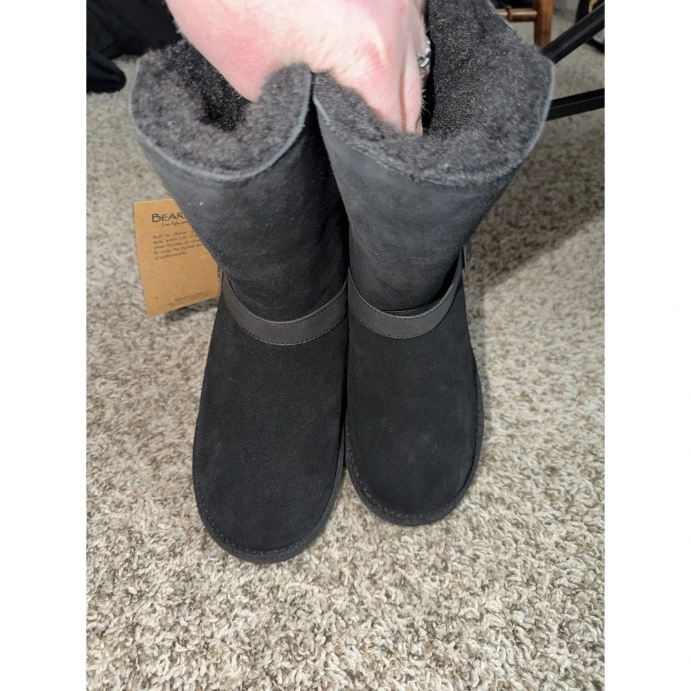 BearPaw‎ Valerie Cow Suede Faux Leather Lined Mid Calf Boots Black Womens 7 NWT